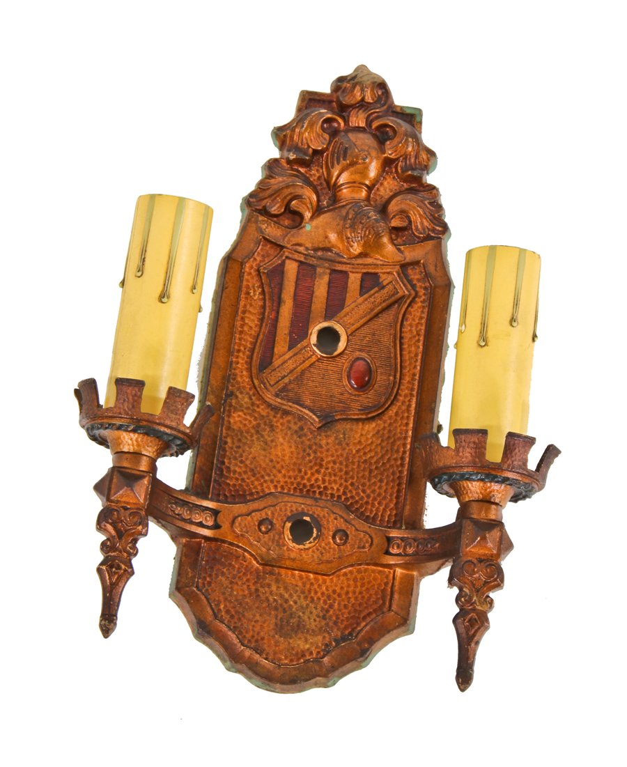 impressive american depression era antique gold enameled double arm interior theater lobby wall sconce with costumed knight profile