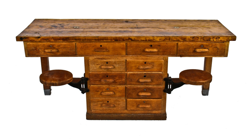 hard to find all original early 1920's american antique industrial swing-out seat chemistry laboratory maple wood workbench
