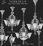 single original and well-maintained salvaged interior art deco style "fleur-de-lis" pattern two-tone orange enameled pressed glass replacement ceiling fixture slip shade