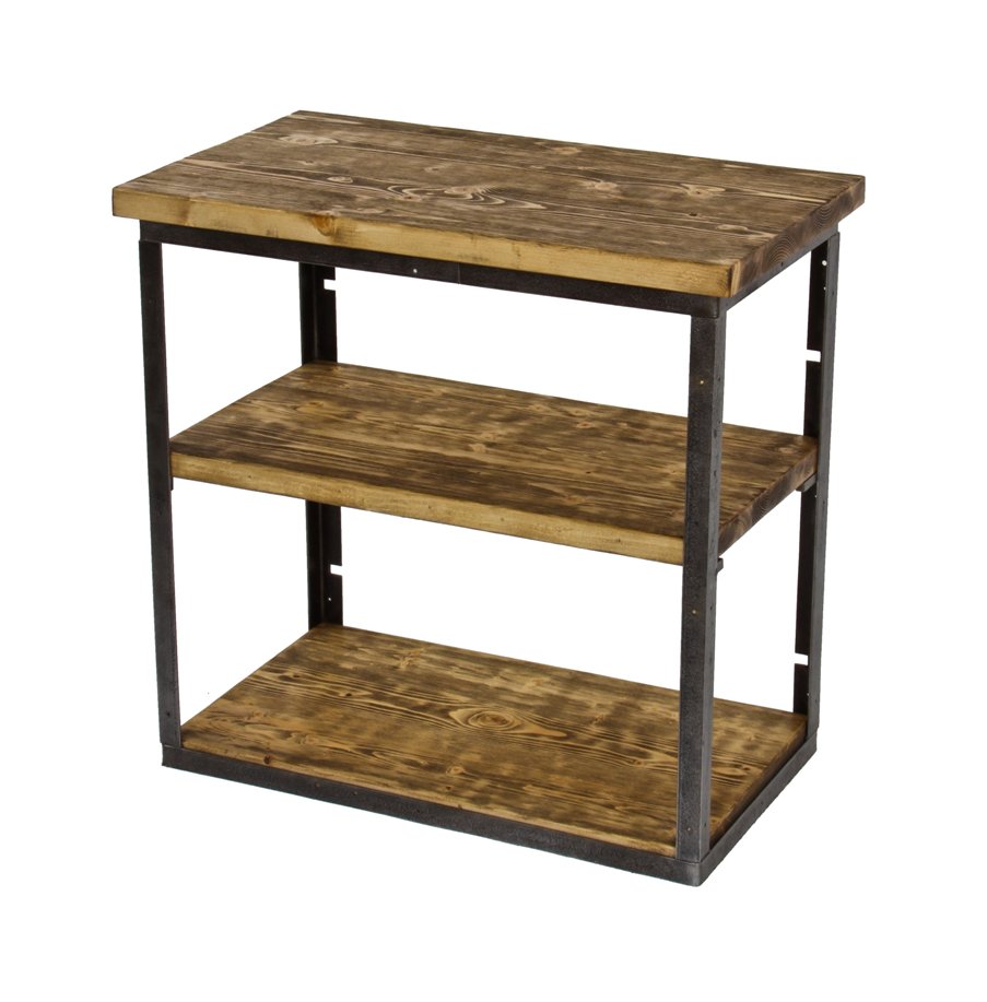 refinished three-tier american vintage industrial stationary shelving unit comprised of brushed angled iron supporting old growth pine wood