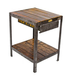 refinished american industrial word war ii-era munitions plant welded joint angled steel two-tier "dept. 436" side table with drawer
