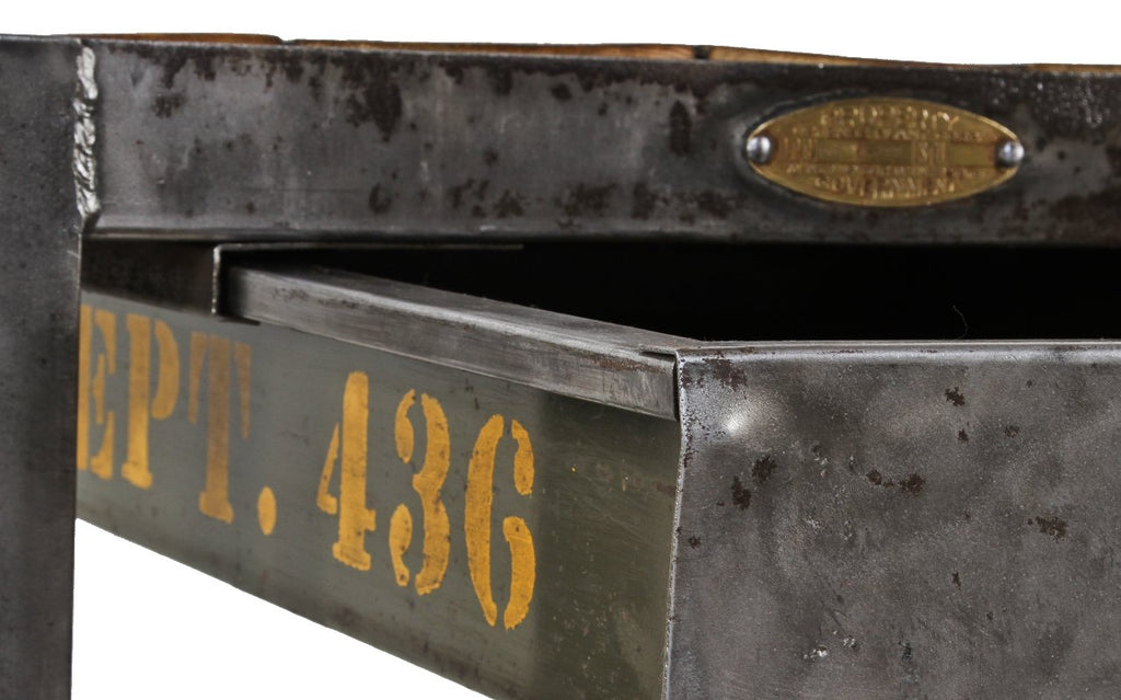 refinished american industrial word war ii-era munitions plant welded joint angled steel two-tier "dept. 436" side table with drawer