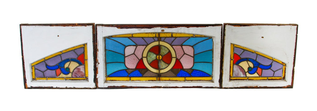 original late 1880's antique american victorian era exterior residential leaded art glass triptych window set with intact wood sash frames