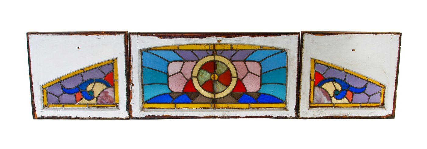 original late 1880's antique american victorian era exterior residential leaded art glass triptych window set with intact wood sash frames