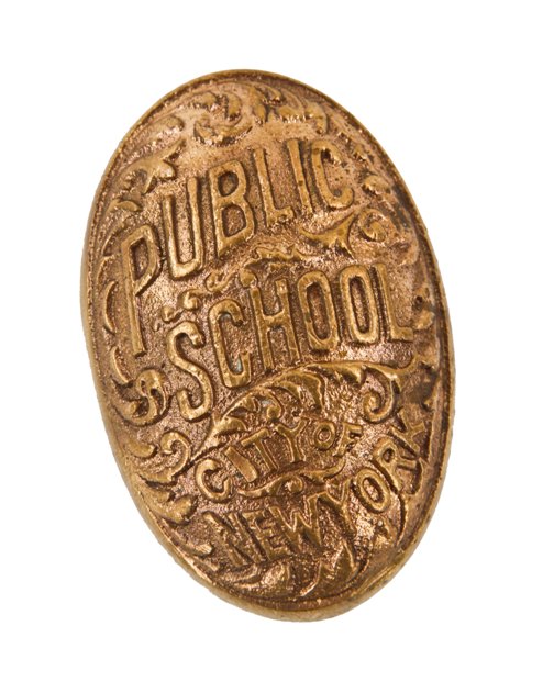 c. 1900's original antique american ornamental cast bronze new york city public school oval-shaped doorknob with uniform patina