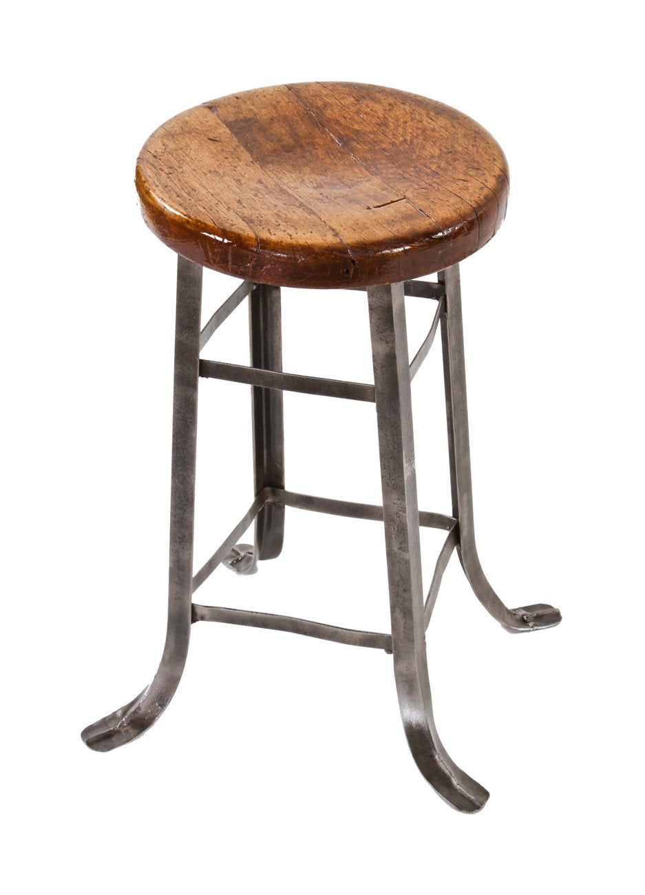 all-welded joint reinforced heavy gauge angled steel american industrial machinist shop stool with refinished solid maple wood seat