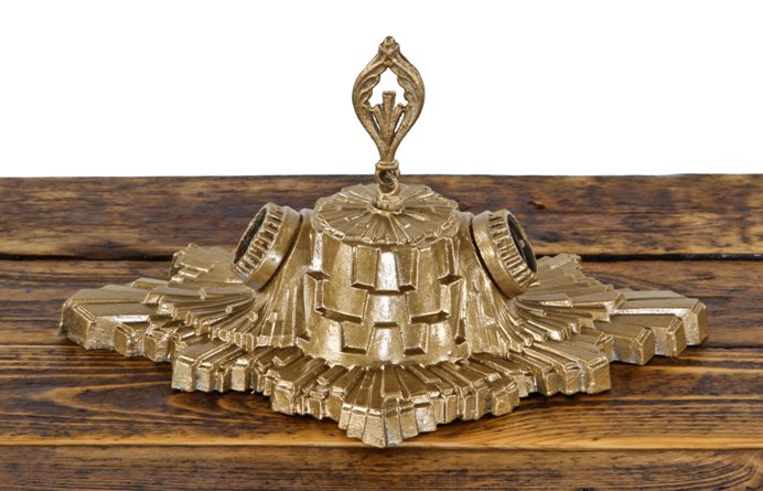 american depression era art deco style ornamental cast zinc metal flush mount bare bulb ceiling fixture with gold enameled finish