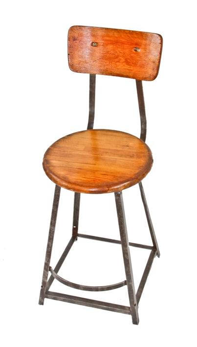 american c. 1930's all-welded joint industrial four-legged workbench machinist stool with maple wood seat and matching backrest