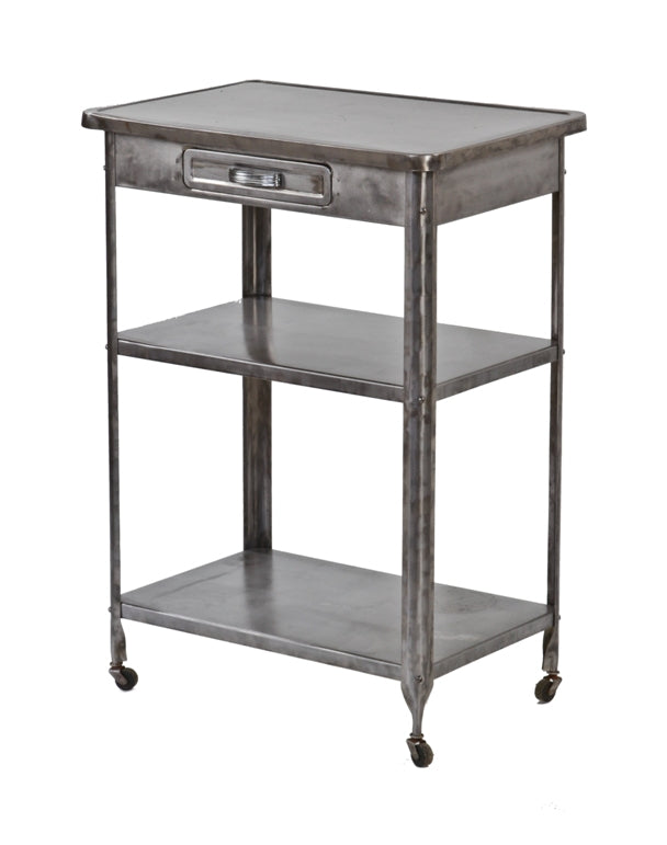 c. 1940's original and intact american medical pressed and folded lightweight steel multi-tier hospital supply cart with single drawer