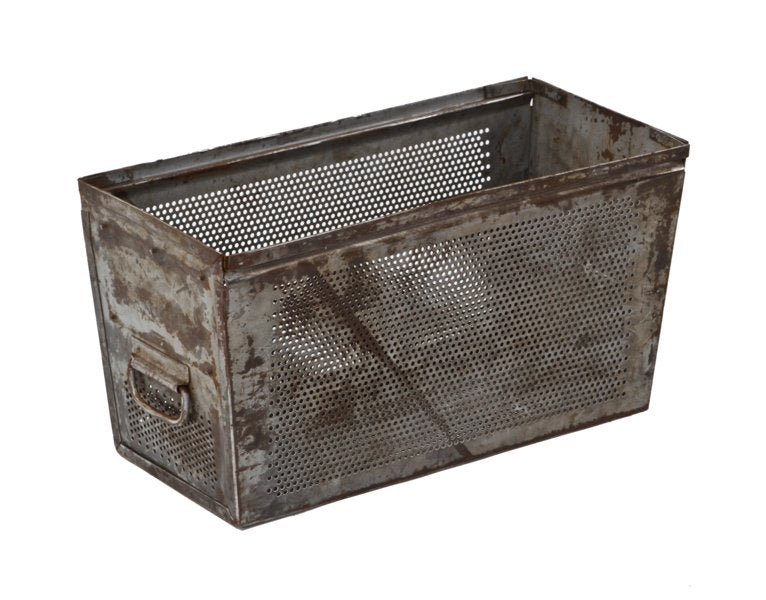 oversized original and intact american industrial commercial grade stackable perforated steel machine shop storage bin with drop handles