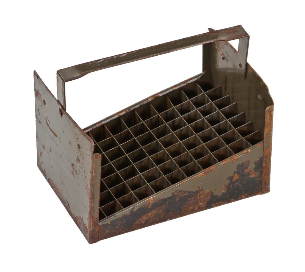c. 1940's vintage american industrial olive green enameled heavy gauge steel portable compartmentalized pipe fitting display rack