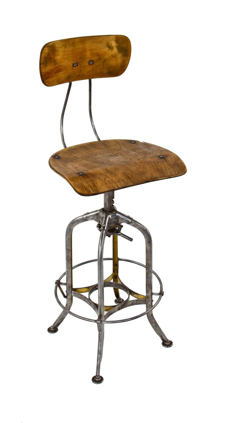 fully refinished original and functional late 1930's antique american industrial adjustable height "uhl art steel" toledo stool