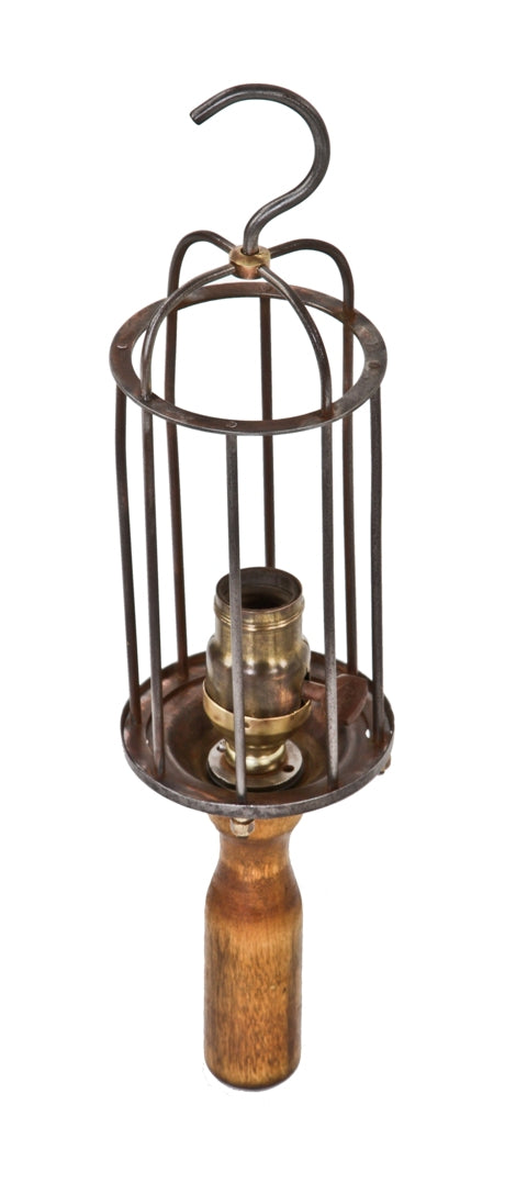 original early 1920's antique american industrial portable "trouble light" or lamp guard with finely turned maple wood handle