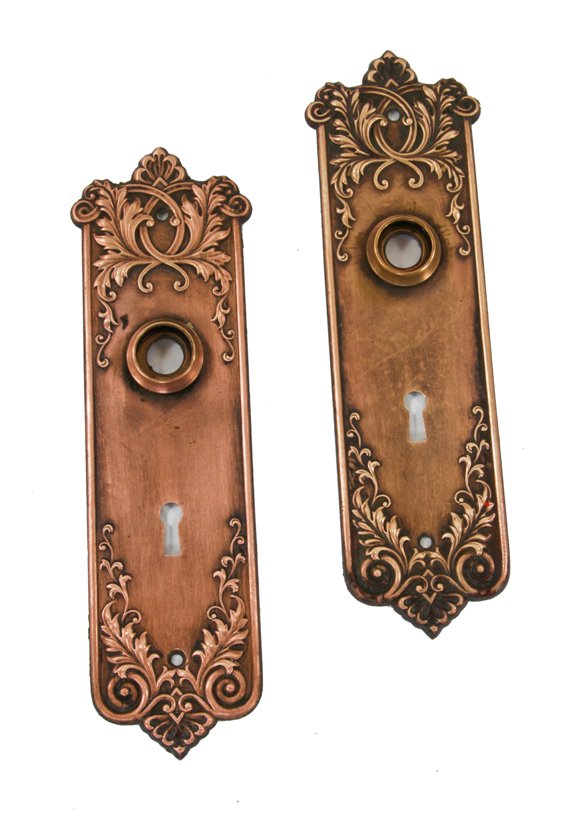 matching set of original antique american interior residential "loriane" pattern wrought brass residential passage door backplates