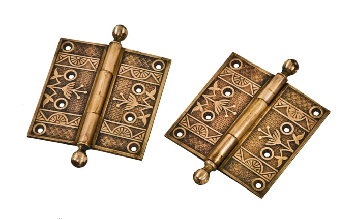 two matching highly ornamented 19th century cast brass interior residential passage door loose pin hinges with ball finials
