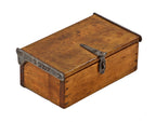 early 20th century refinished american industrial chicago factory office petty cash varnished wood box with cast iron hinged and lockable steel hasp