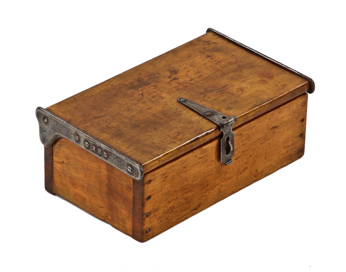 early 20th century refinished american industrial chicago factory office petty cash varnished wood box with cast iron hinged and lockable steel hasp