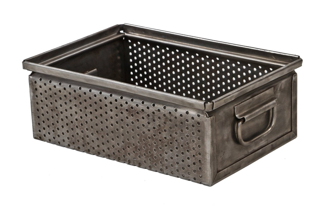 original and completely intact american industrial cold-rolled perforated steel storage basket or bin with brushed metal finish