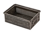refinished heavily reinforced c. 1930's antique american industrial perforated steel factory storage bin with riveted joint drop handles