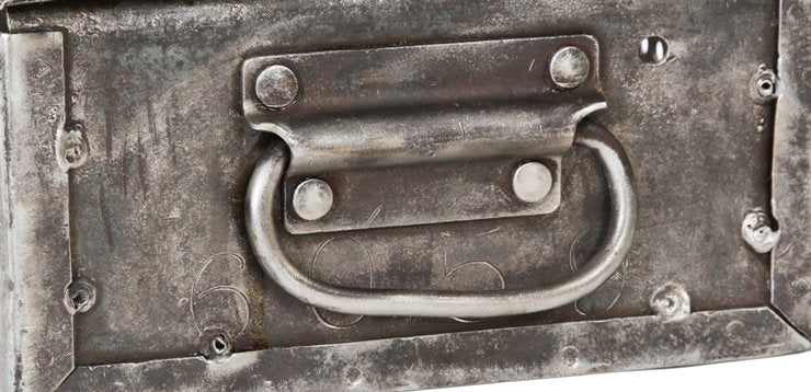 refinished heavily reinforced c. 1930's antique american industrial perforated steel factory storage bin with riveted joint drop handles