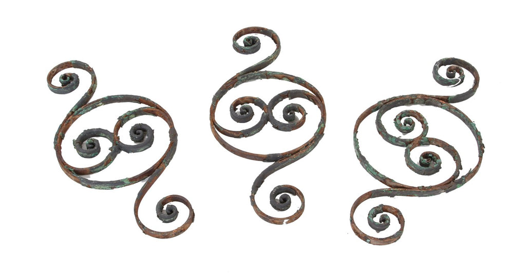 three matching 19th century antique american ornamental wrought iron exterior residential baluster panels with weathered paint finish