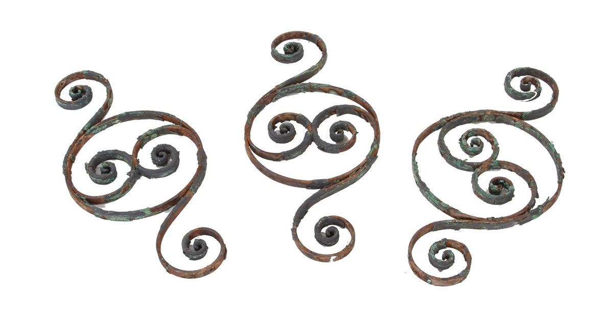three matching 19th century antique american ornamental wrought iron exterior residential baluster panels with weathered paint finish