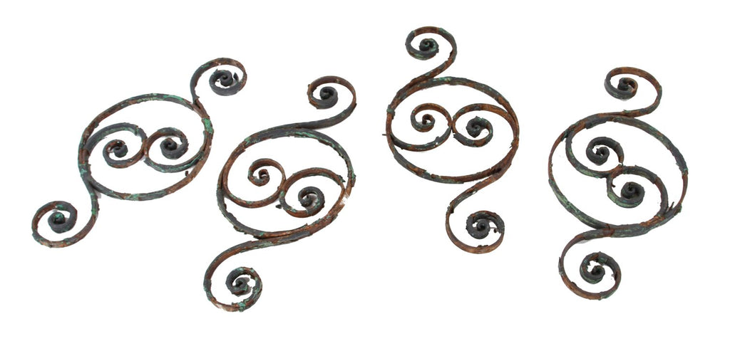 four count c. 19th century antique american ornamental wrought iron exterior residential balusters with distressed paint finish