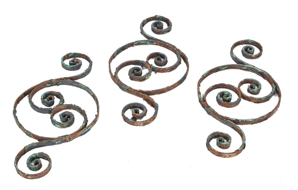 group of three original 19th century antique american ornamental hand forged wrought iron exterior staircase balusters