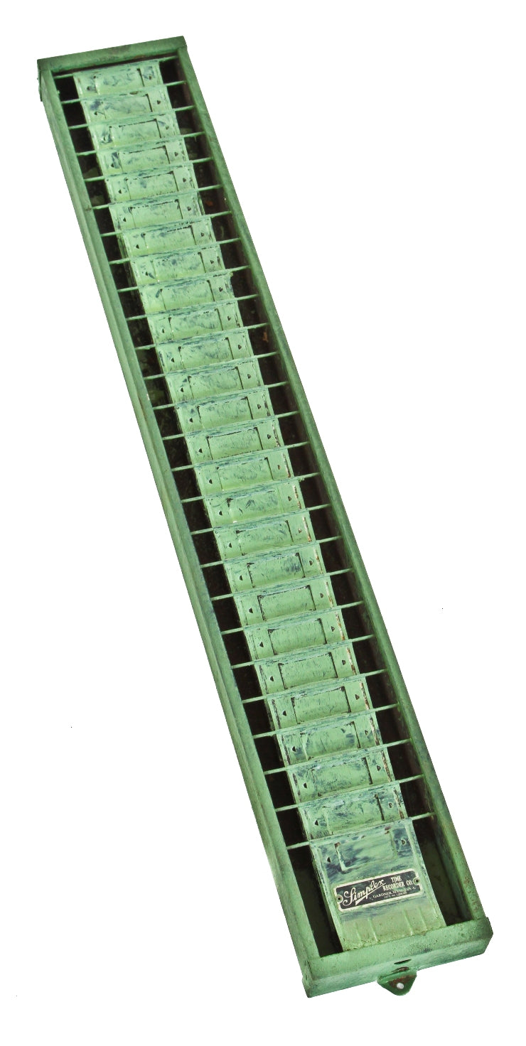 original late 1940's american vintage industrial wall-mount chicago paint factory green painted lightweight steel simplex "time card" slotted rack with protruding mounting tabs