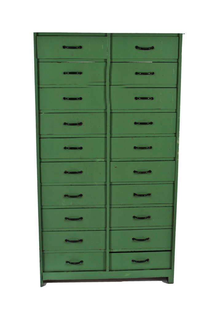 late 1930's custom-built freestanding pine wood compartmentalized "factory green" painted cabinet with original black enameled steel handles