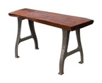 strong and sturdy repurposed amercian industrial multi-purpose stationary table containing an old growth solid walnut wood slab top