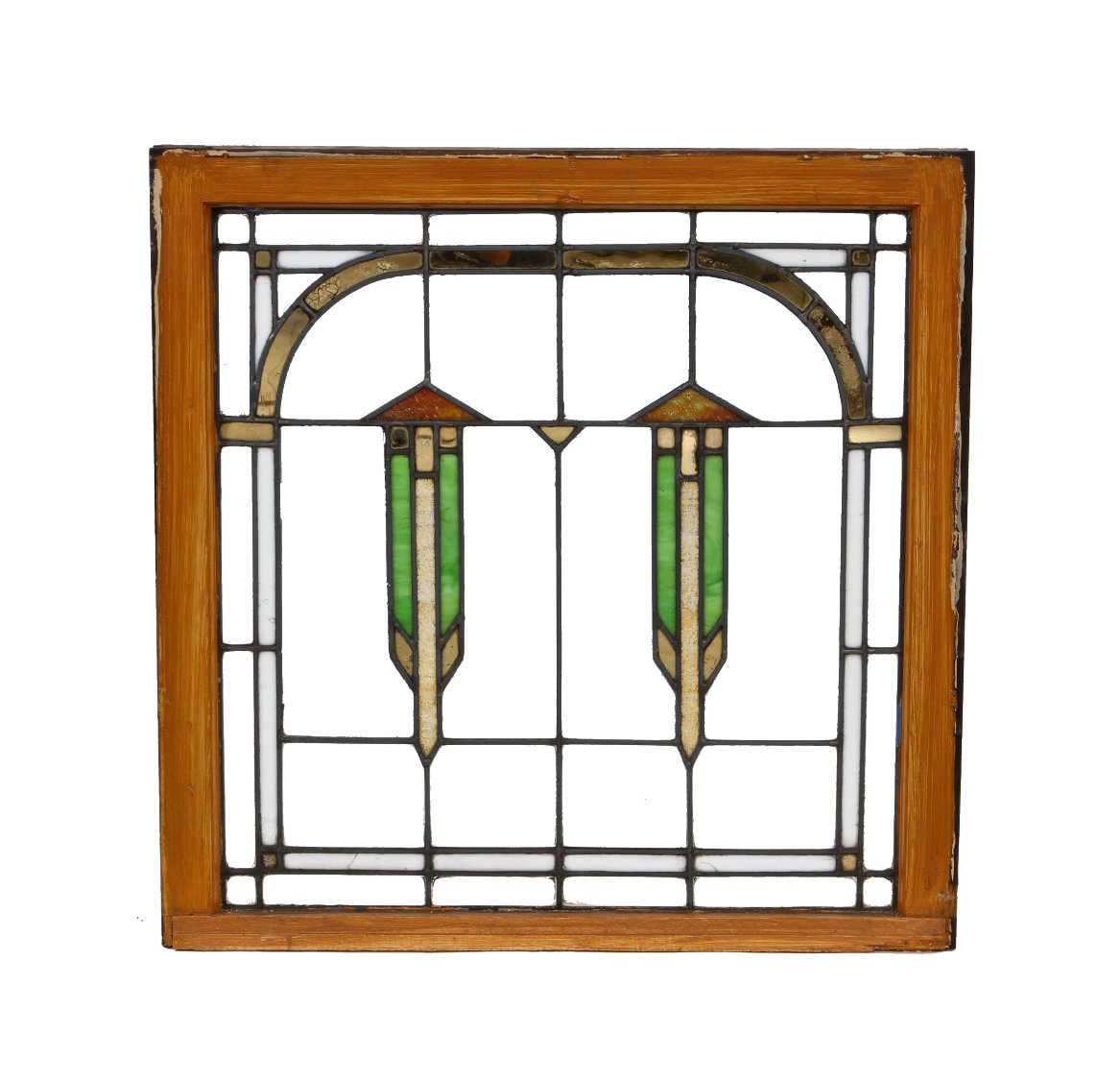 c. 1910-15 original american antique prairie school style chicago bungalow leaded art glass window with intact wood sash frame