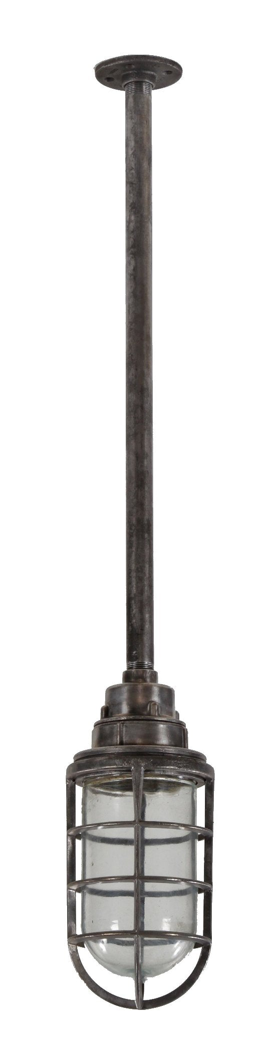 vintage american industrial "explosion proof" single electric ceiling mount factory pendant light fixture with reinforced cast aluminum cage