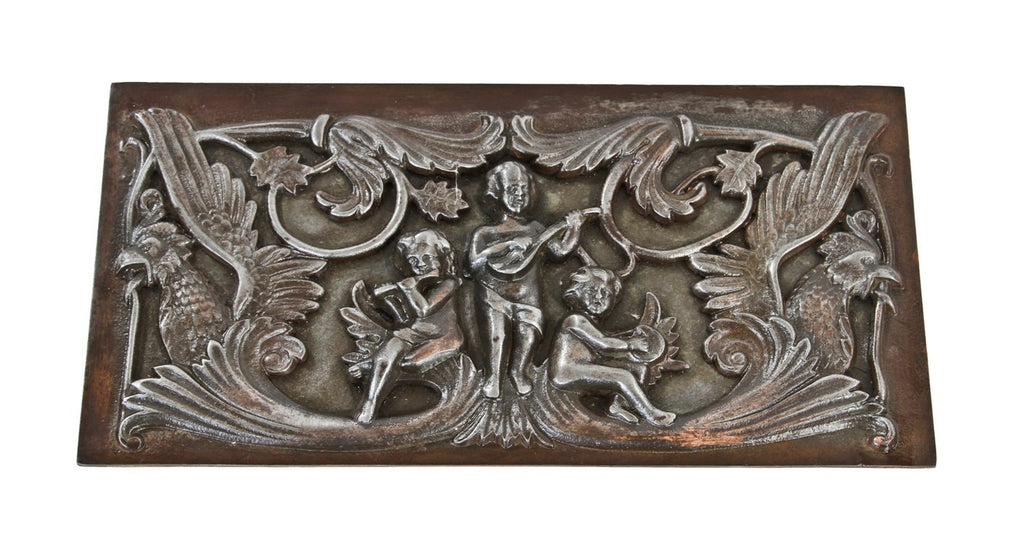rare c. 1880's single-sided patented ornamental cast iron scenic residential fireplace frieze panel with musicians and winged dragons