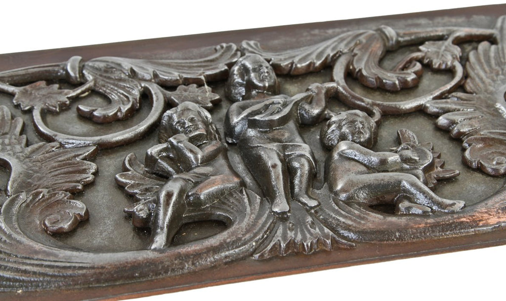 rare c. 1880's single-sided patented ornamental cast iron scenic residential fireplace frieze panel with musicians and winged dragons