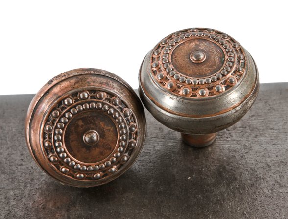 set of original antique american decorative copper-plated wrought steel "como" pattern residential passage size doorknobs