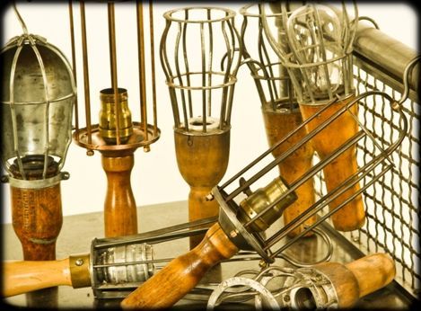 original early 20th century mcgill turned wood handle trouble light with steel cage or bulb guard