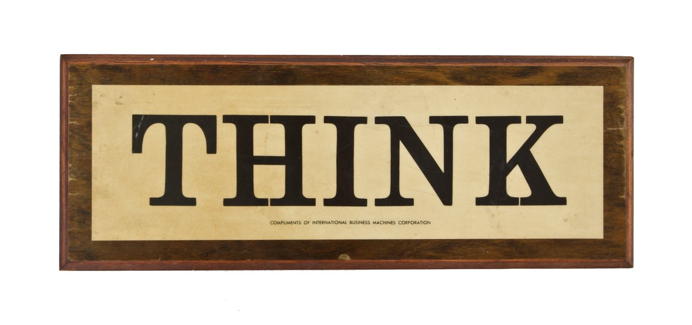 original late early 1940's single-sided antique american industrial factory foreman office "think" wall-mount wood laminate sign