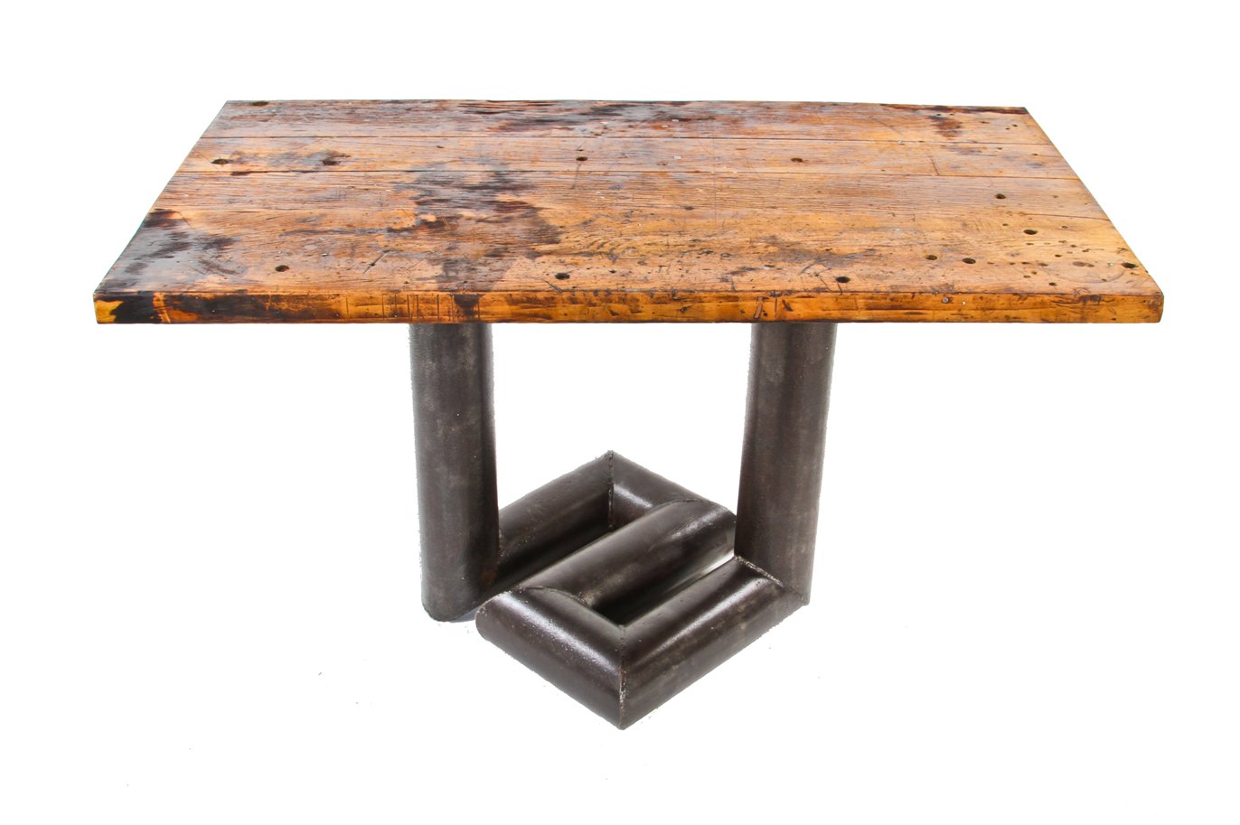 unusual repurposed industrial american steam boiler return pipe table base with weathered and worn solid maple wood top