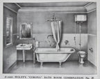 restored late 19th or early 20th century antique american salvaged chicago interior residential lavatory water closet or toilet with copper-lined oak wood tank