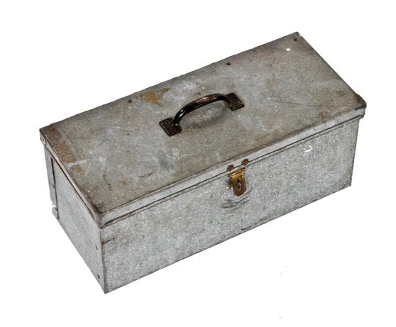 utilitarian vintage american industrial pressed and folded galvanized steel single interior compartment machine shop toolbox with handle