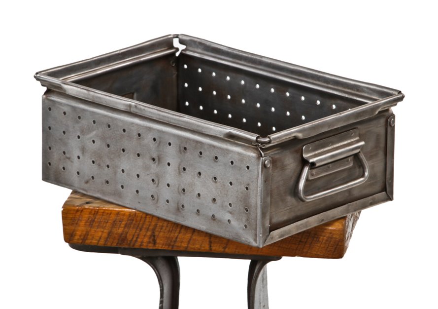 late 1930's american industrial cold-rolled heavy gauge steel "lyon" stackable storage bin with intact opposed drop handles