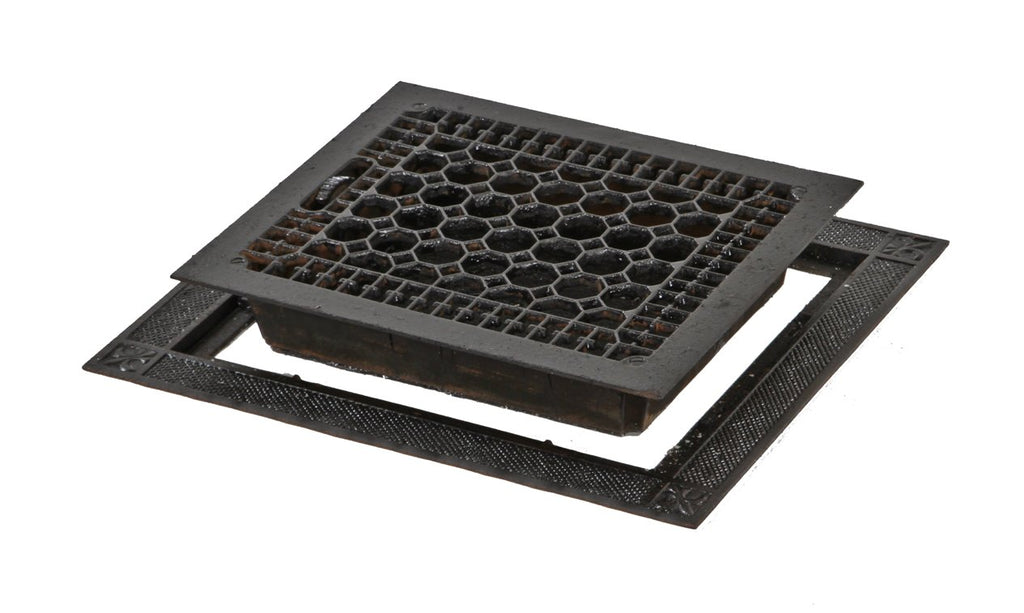 late 19th or early 20th century antique american ornamental cast iron residential floor register with hard to find matching surround