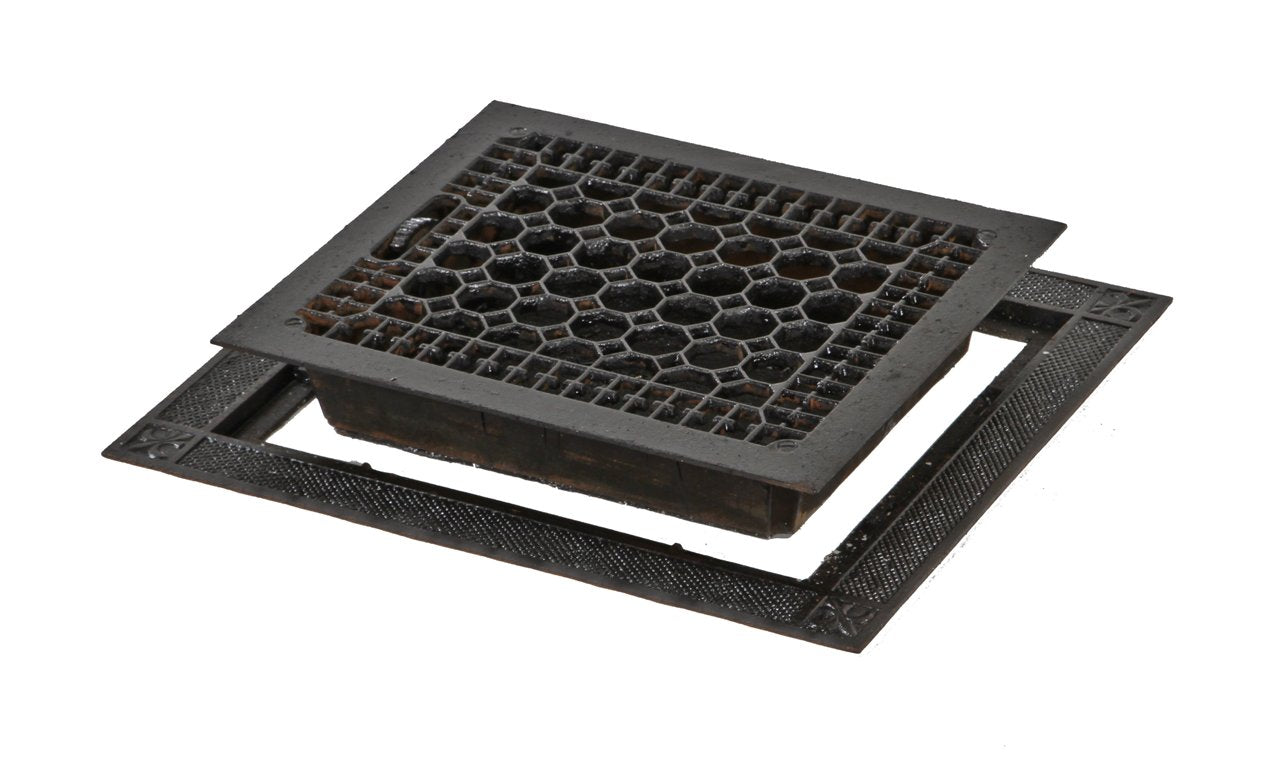 late 19th or early 20th century antique american ornamental cast iron residential floor register with hard to find matching surround