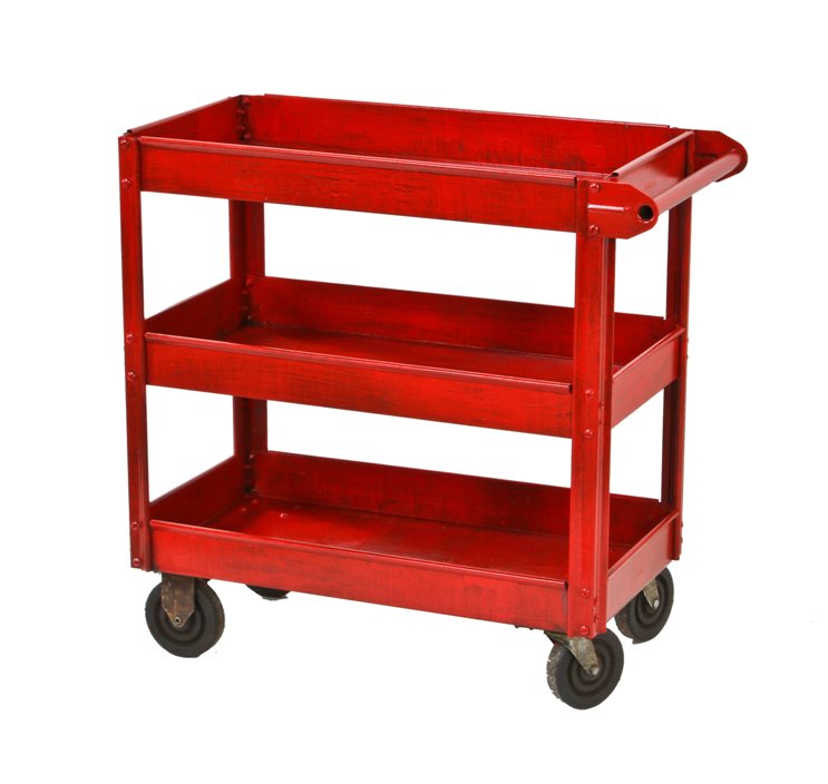 c. 1950's american industrial "edsal" pressed and folded red painted steel mobile factory cart with three raised edge tiers