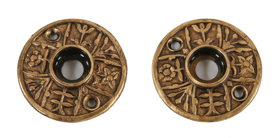 two matching original c. 1880's antique american ornamental cast brass interior residential passage door circular-shaped rosettes