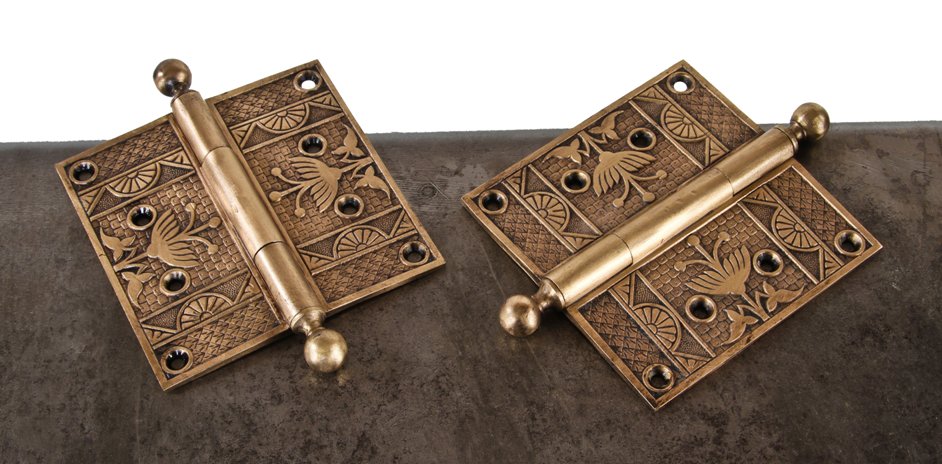 two original and intact american oversized ornamental cast brass eastlake style residential loose pin door hinges with ball finials