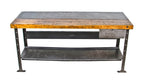 refurbished vintage american industrial heavy gauge steel and maple wood four-legged "pollard" factory workbench