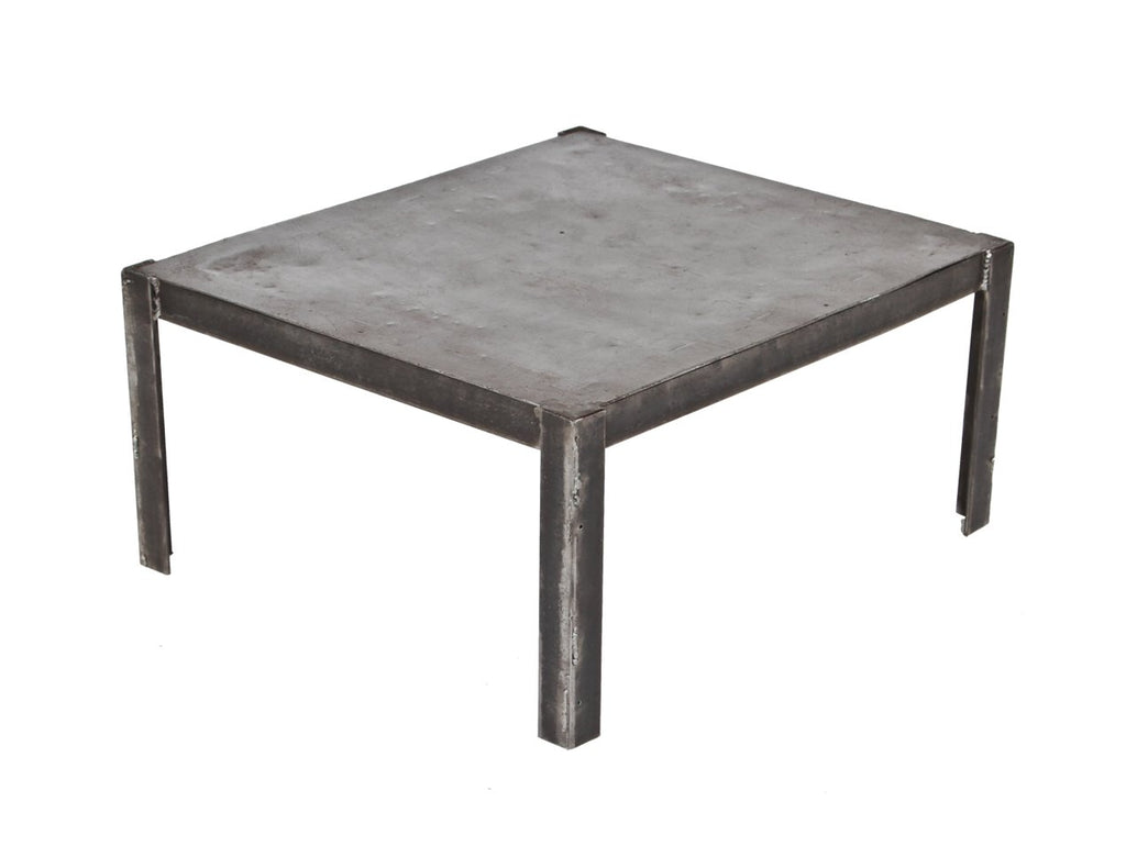 modified vintage american industrial four-legged angled steel low-lying coffee table repurposed from a larger factory die table