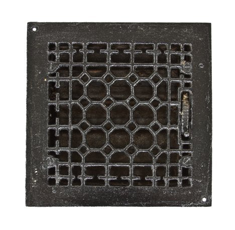 c. 1900's fully functional american wall-mount interior residential wrought steel and cast iron louvered vent or grate with wheel lever